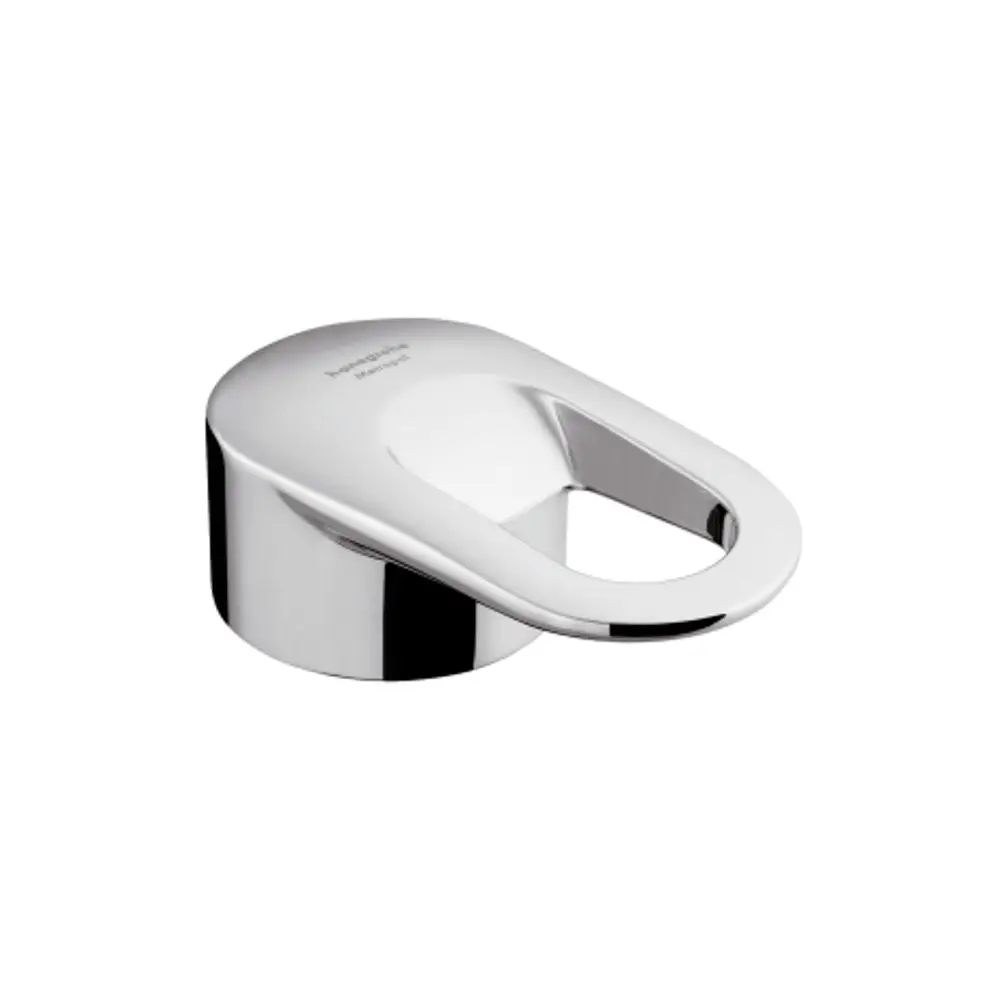 Chromfarbener Hansgrohe Griff mit ovaler Öffnung, geeignet für bestimmte Standmodelle. Die Oberfläche reflektiert Licht und hat eine glatte Verarbeitung.